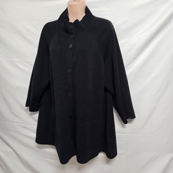 Eileen Fisher Button Up Mock Neck Kimono Jacket Women Size L Black Silk/Cotton - Picture 9 of 13